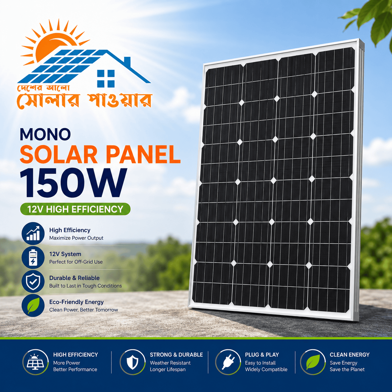 Mono Solar Panel 150w 12v High Efficiency